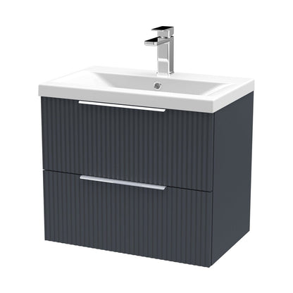 Hudson Reed Fluted 600mm Wall Hung 2 Drawer Vanity & Basin 1 Contemp Soft Black MFC Painted Gloss 540x610x390mm - JJ Building Materials
