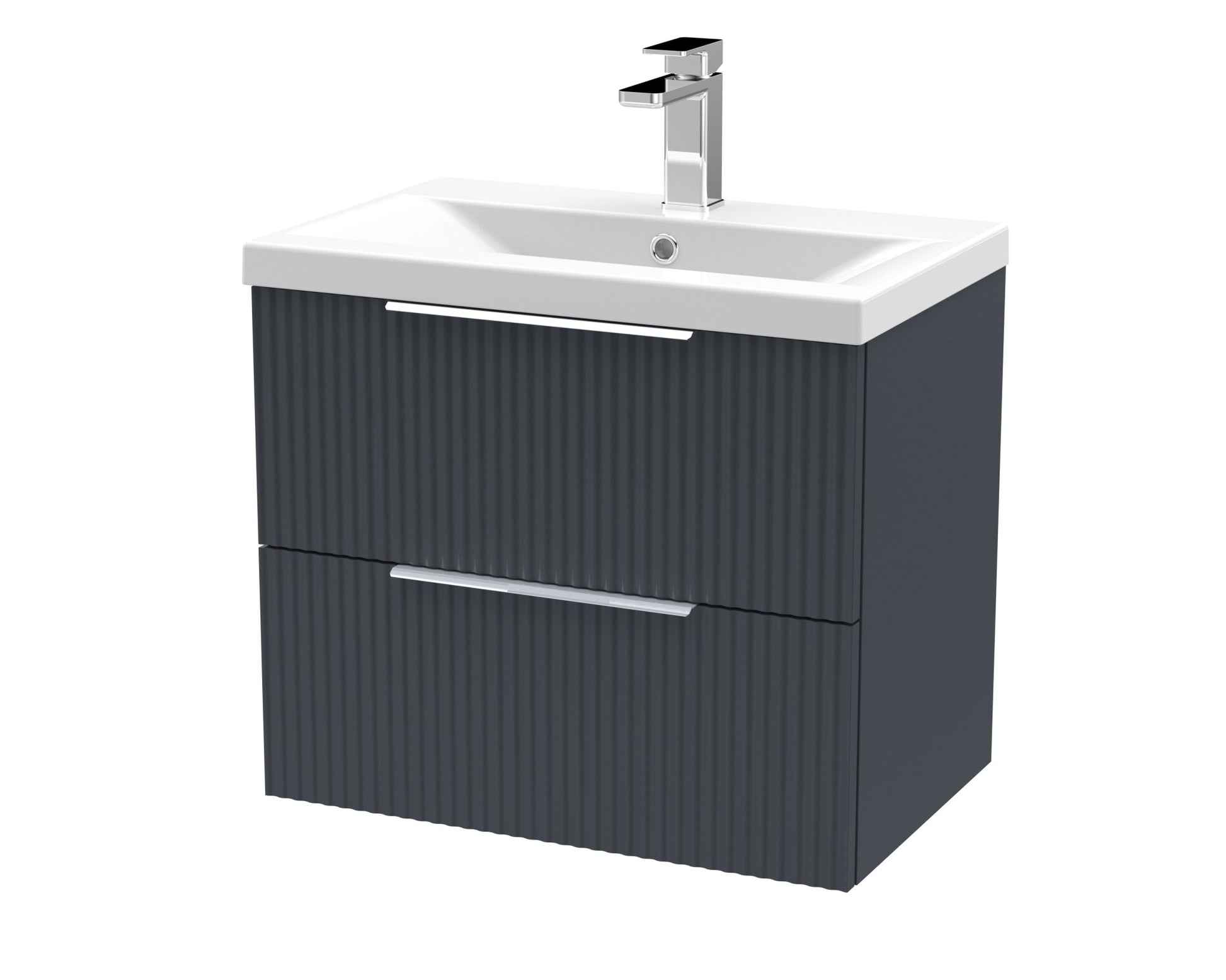 Hudson Reed Fluted 600mm Wall Hung 2 Drawer Vanity & Basin 1 Contemp Soft Black MFC Painted Gloss 540x610x390mm - JJ Building Materials