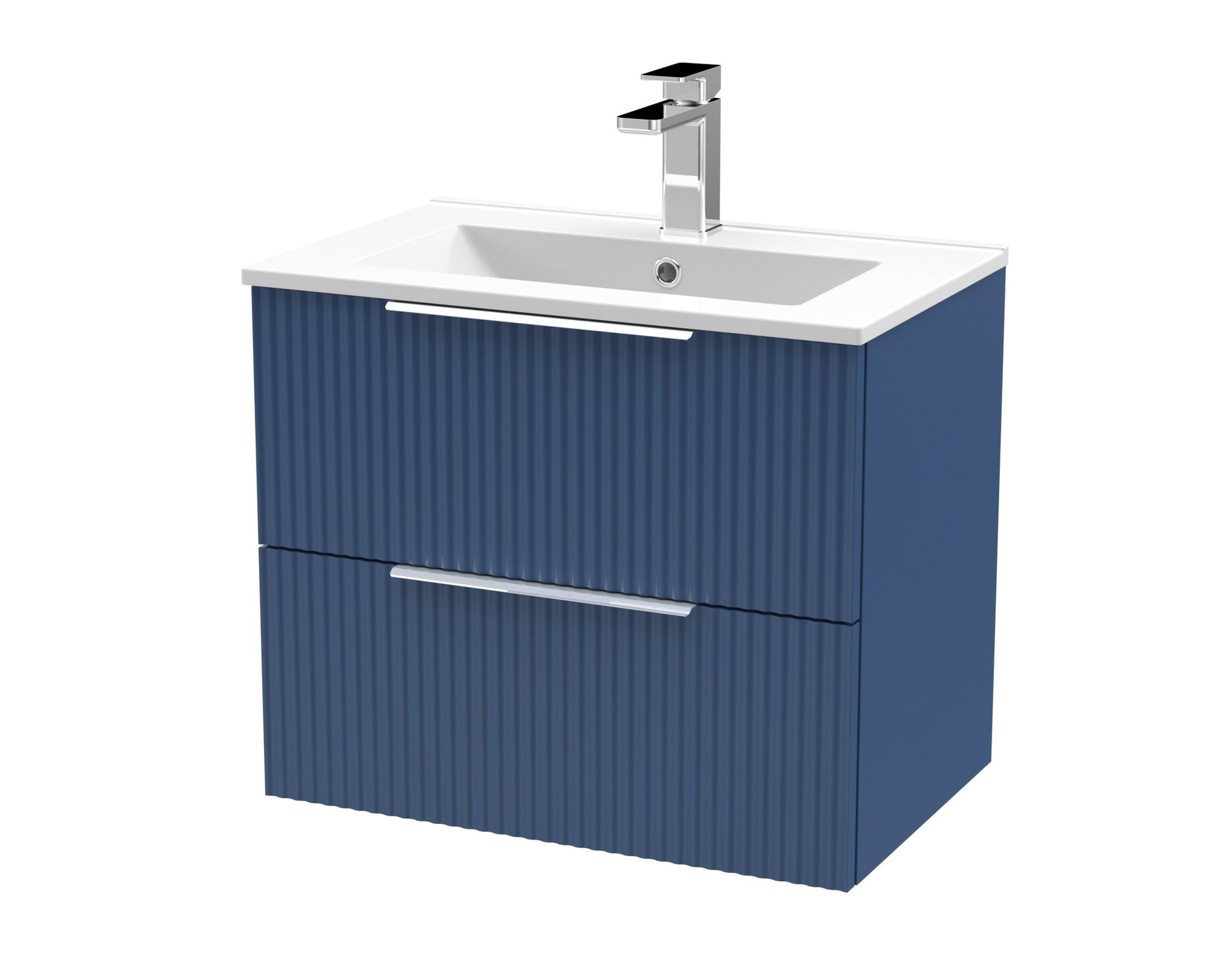 Hudson Reed Fluted 600mm Wall Hung 2 Drawer Vanity & Basin 2 Contemp Satin Blue MFC Painted Gloss 518x600x390mm - JJ Building Materials