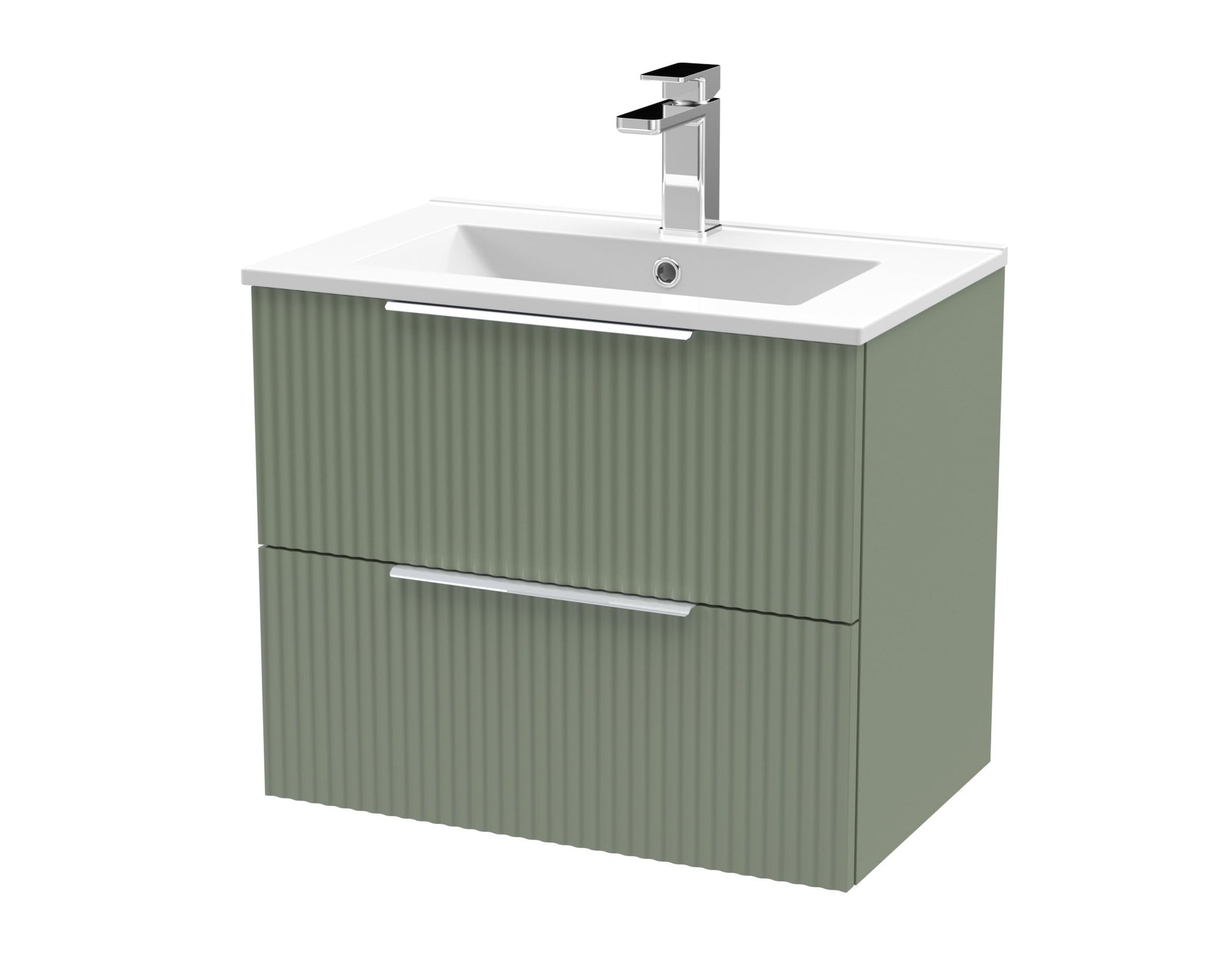 Hudson Reed Fluted 600mm Wall Hung 2 Drawer Vanity & Basin 2 Contemp Satin Green MFC Painted Gloss 518x600x390mm - JJ Building Materials