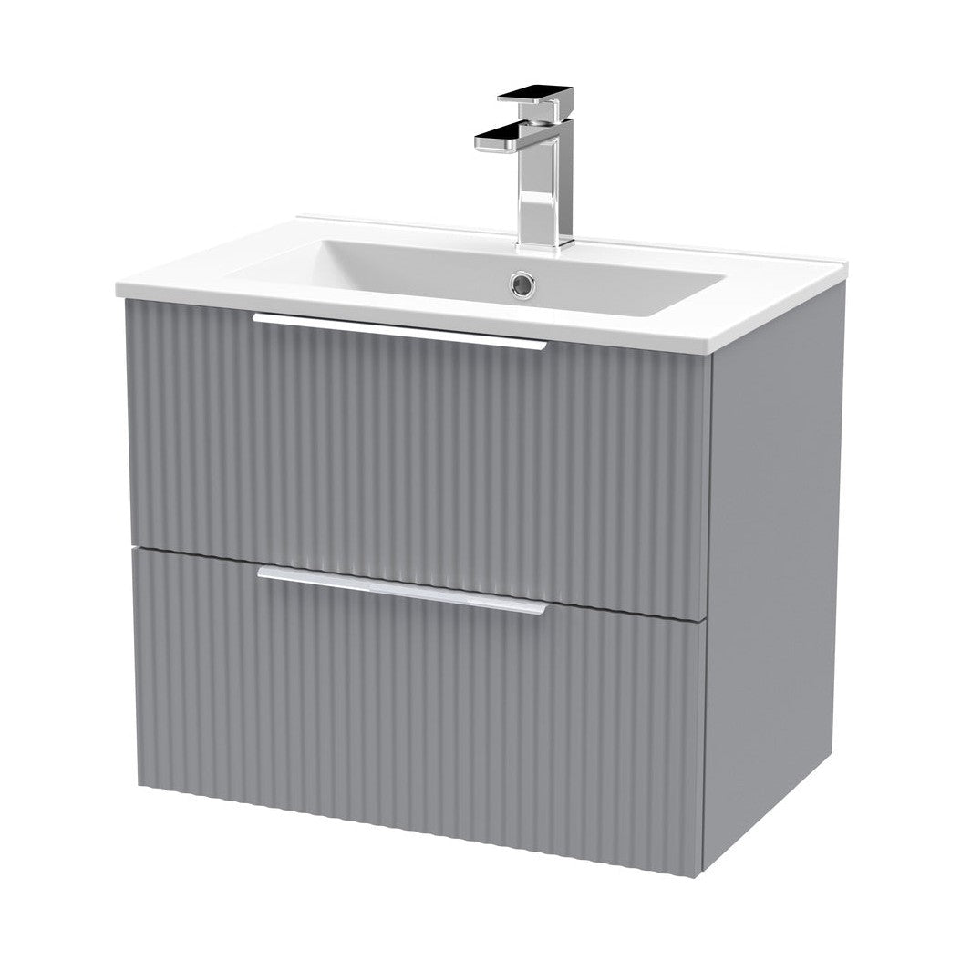 Hudson Reed Fluted 600mm Wall Hung 2 Drawer Vanity & Basin 2 Contemp Satin Grey MFC Painted Gloss 518x600x390mm - JJ Building Materials