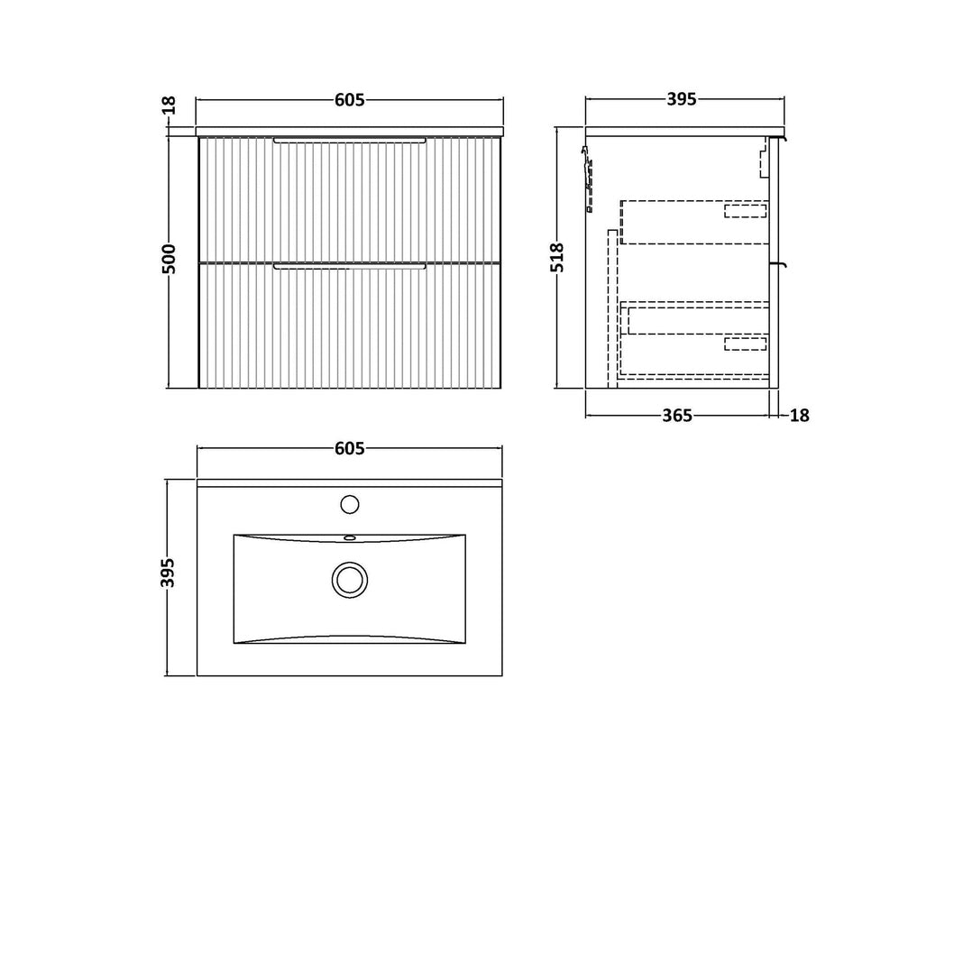 Hudson Reed Fluted 600mm Wall Hung 2 Drawer Vanity & Basin 2 Contemp Satin Grey MFC Painted Gloss 518x600x390mm - JJ Building Materials