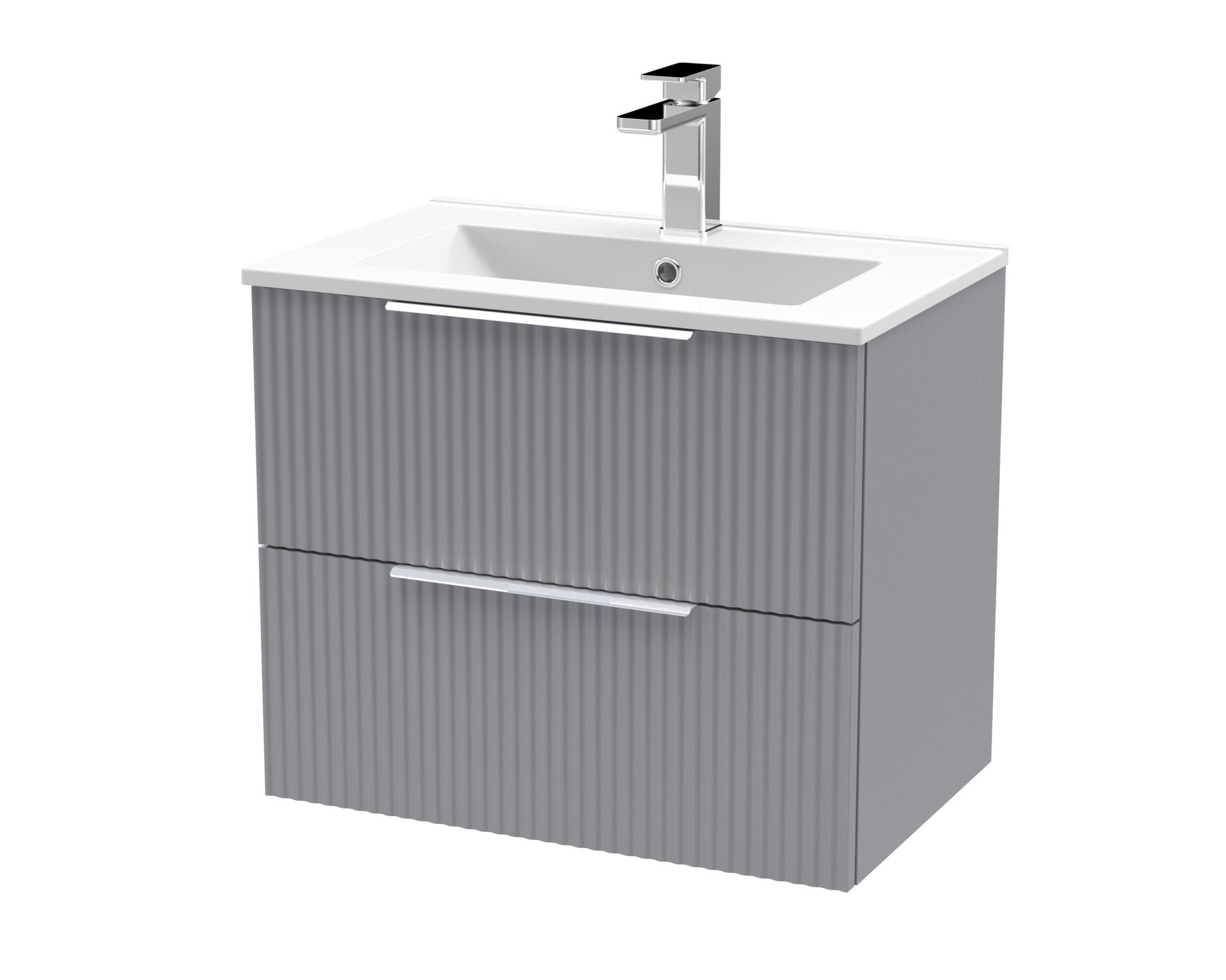 Hudson Reed Fluted 600mm Wall Hung 2 Drawer Vanity & Basin 2 Contemp Satin Grey MFC Painted Gloss 518x600x390mm - JJ Building Materials