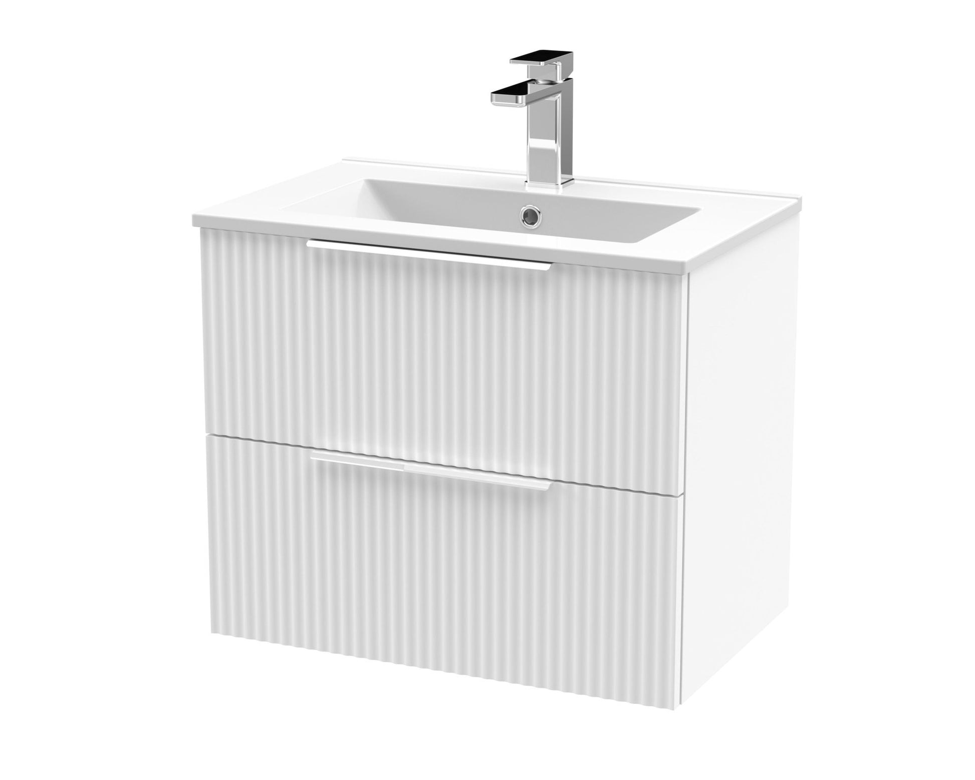 Hudson Reed Fluted 600mm Wall Hung 2 Drawer Vanity & Basin 2 Contemp Satin White MFC Painted Gloss 518x600x390mm - JJ Building Materials