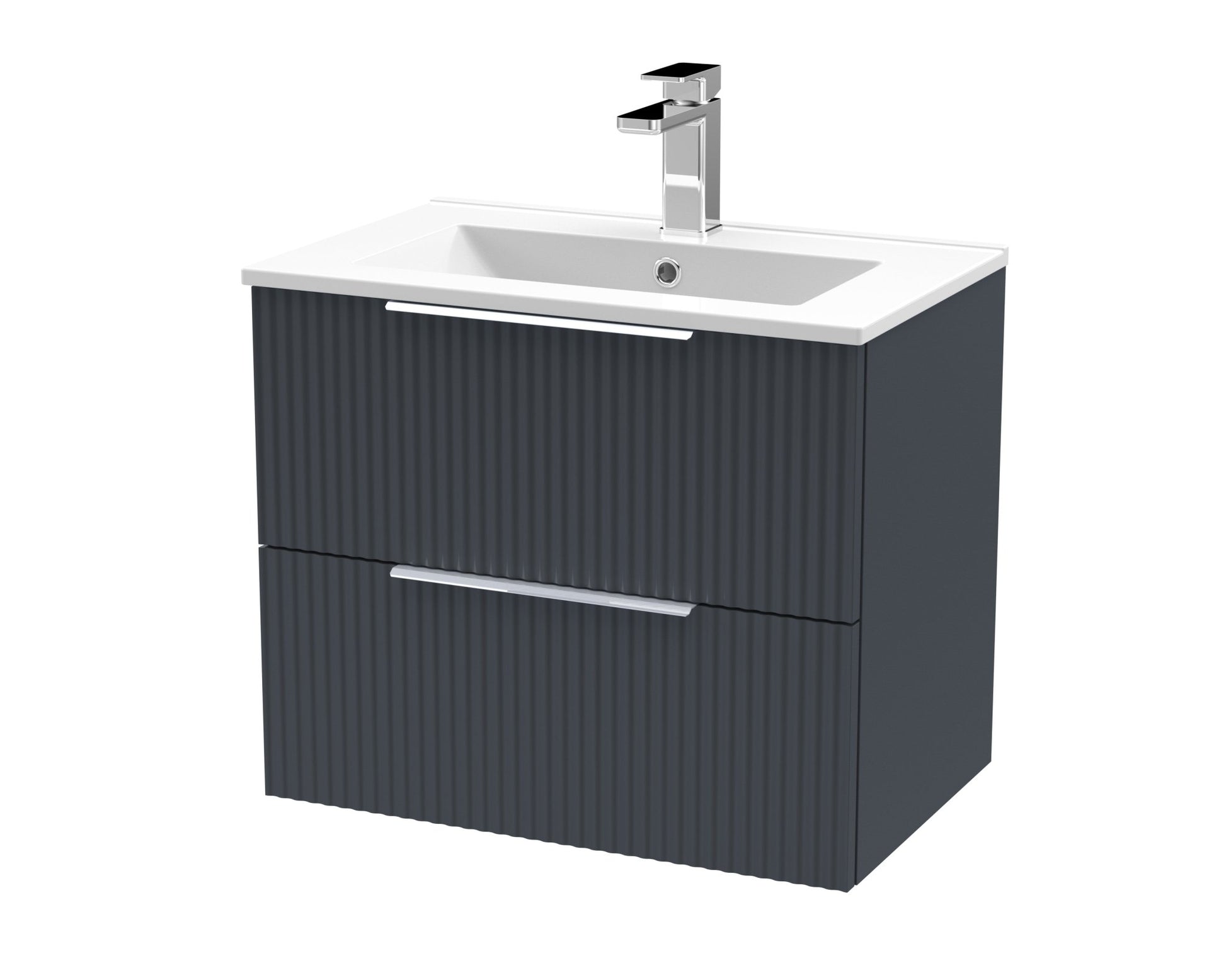 Hudson Reed Fluted 600mm Wall Hung 2 Drawer Vanity & Basin 2 Contemp Soft Black MFC Painted Gloss 518x600x390mm - JJ Building Materials