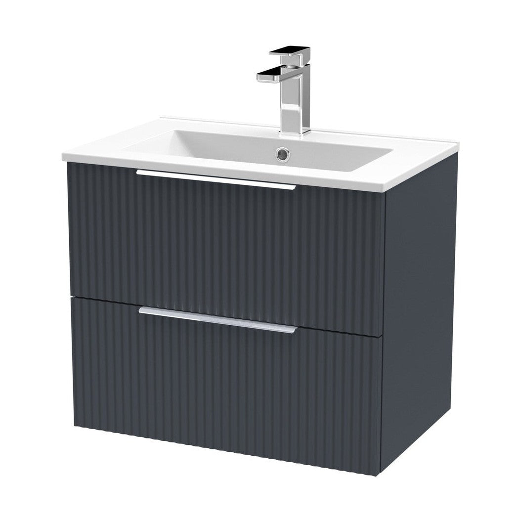 Hudson Reed Fluted 600mm Wall Hung 2 Drawer Vanity & Basin 2 Contemp Soft Black MFC Painted Gloss 518x600x390mm - JJ Building Materials