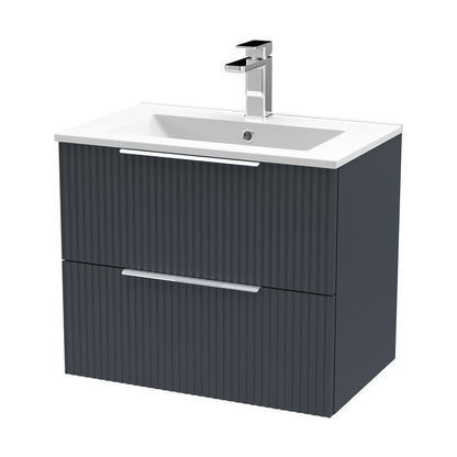 Hudson Reed Fluted 600mm Wall Hung 2 Drawer Vanity & Basin 2 Contemp Soft Black MFC Painted Gloss 518x600x390mm - JJ Building Materials