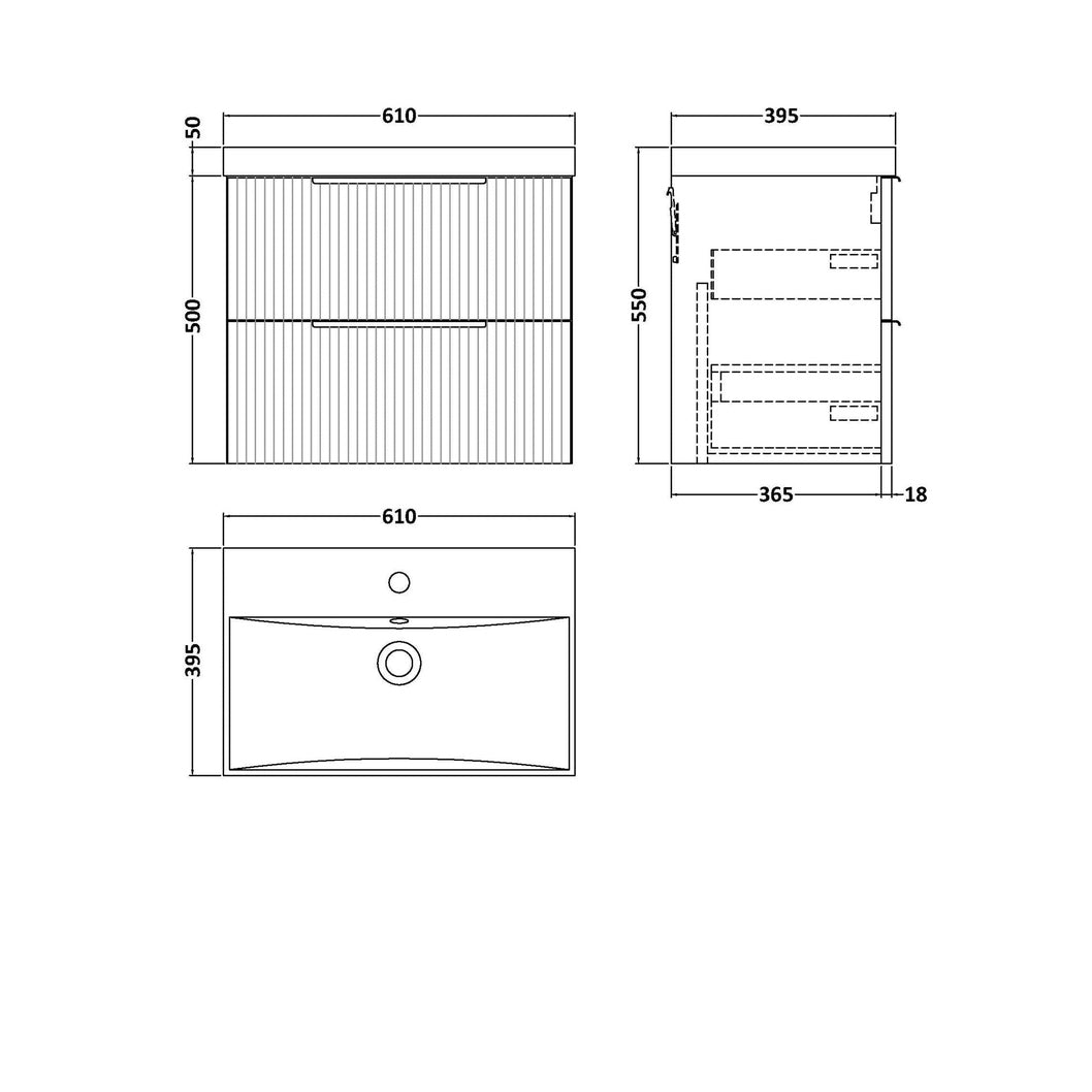 Hudson Reed Fluted 600mm Wall Hung 2 Drawer Vanity & Basin 3 Contemp Satin Blue MFC Painted Gloss 550x610x395mm - JJ Building Materials