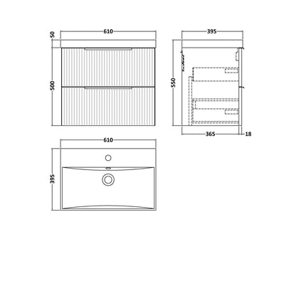 Hudson Reed Fluted 600mm Wall Hung 2 Drawer Vanity & Basin 3 Contemp Satin Blue MFC Painted Gloss 550x610x395mm - JJ Building Materials