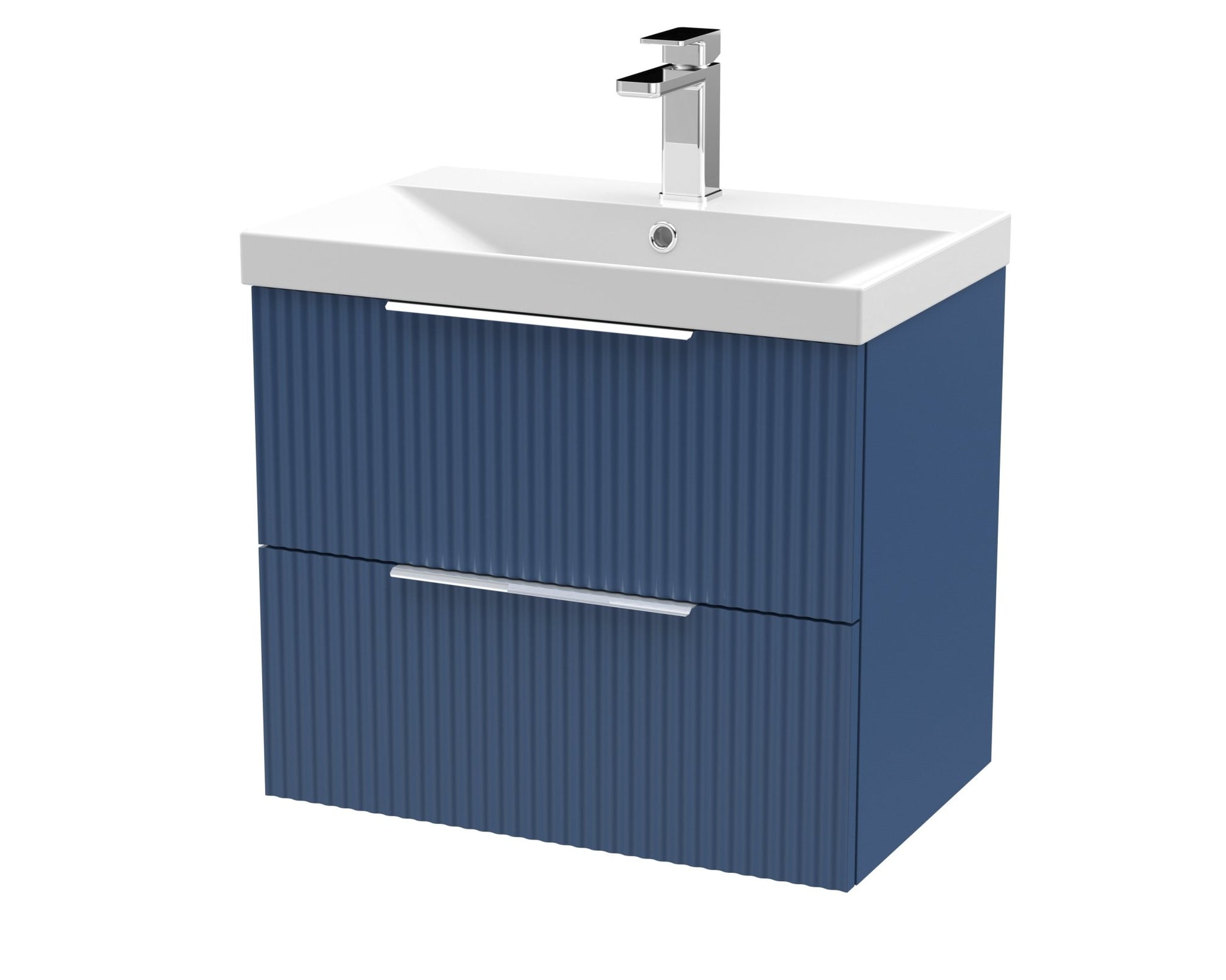 Hudson Reed Fluted 600mm Wall Hung 2 Drawer Vanity & Basin 3 Contemp Satin Blue MFC Painted Gloss 550x610x395mm - JJ Building Materials