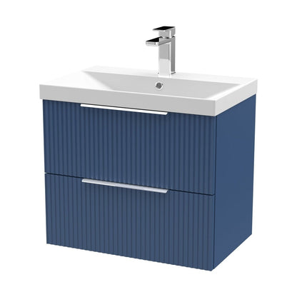 Hudson Reed Fluted 600mm Wall Hung 2 Drawer Vanity & Basin 3 Contemp Satin Blue MFC Painted Gloss 550x610x395mm - JJ Building Materials