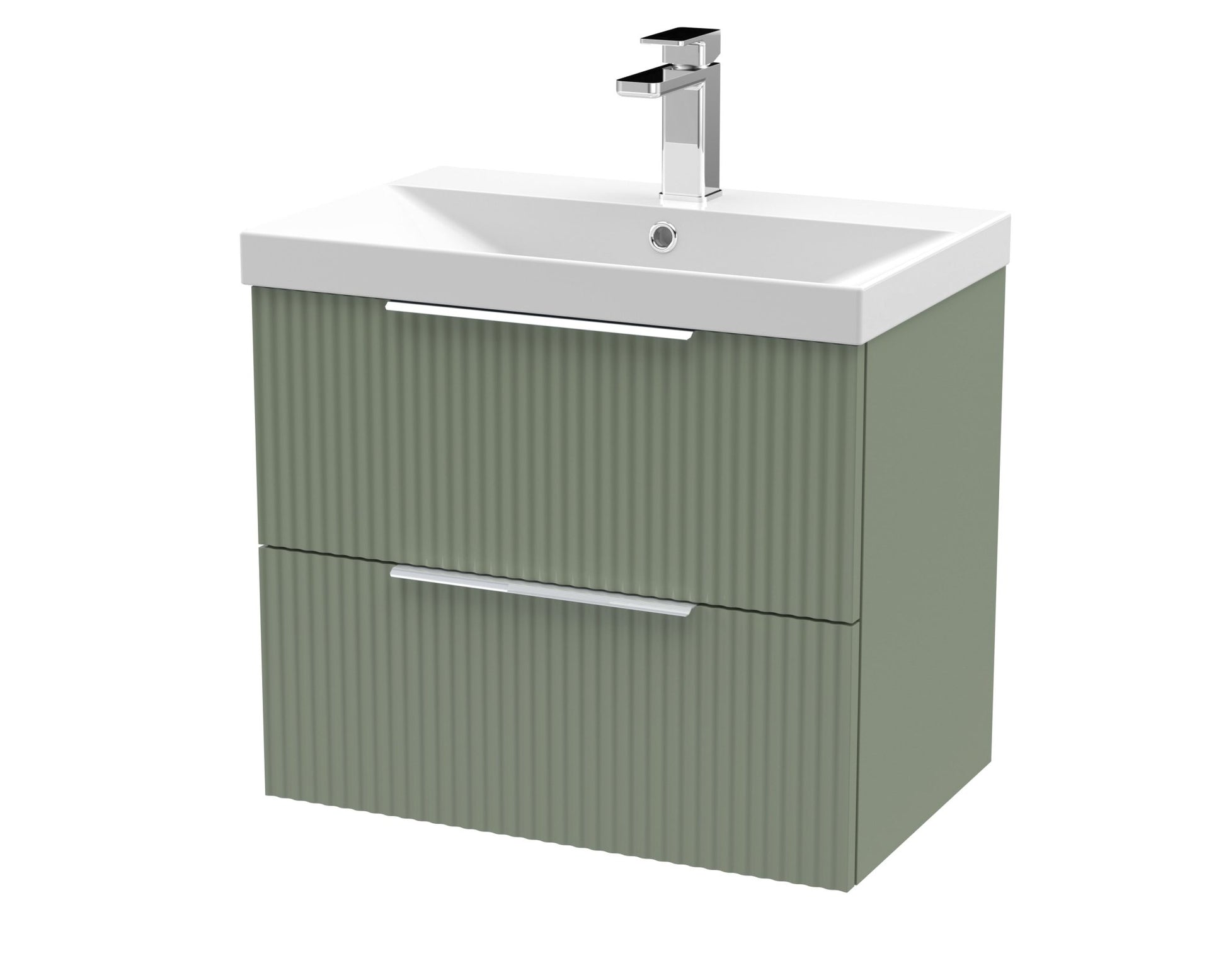 Hudson Reed Fluted 600mm Wall Hung 2 Drawer Vanity & Basin 3 Contemp Satin Green MFC Painted Gloss 550x610x395mm - JJ Building Materials