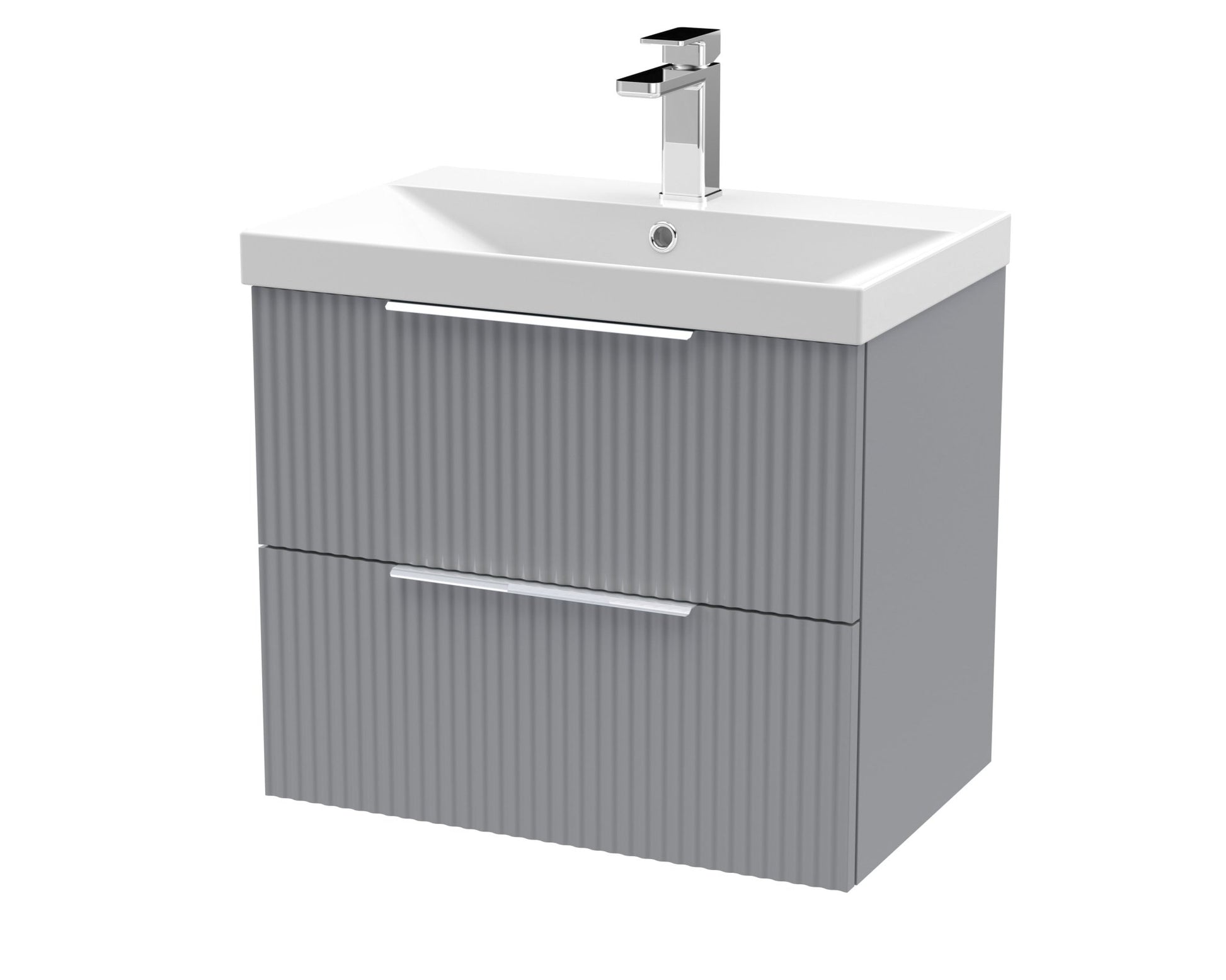 Hudson Reed Fluted 600mm Wall Hung 2 Drawer Vanity & Basin 3 Contemp Satin Grey MFC Painted Gloss 550x610x395mm - JJ Building Materials