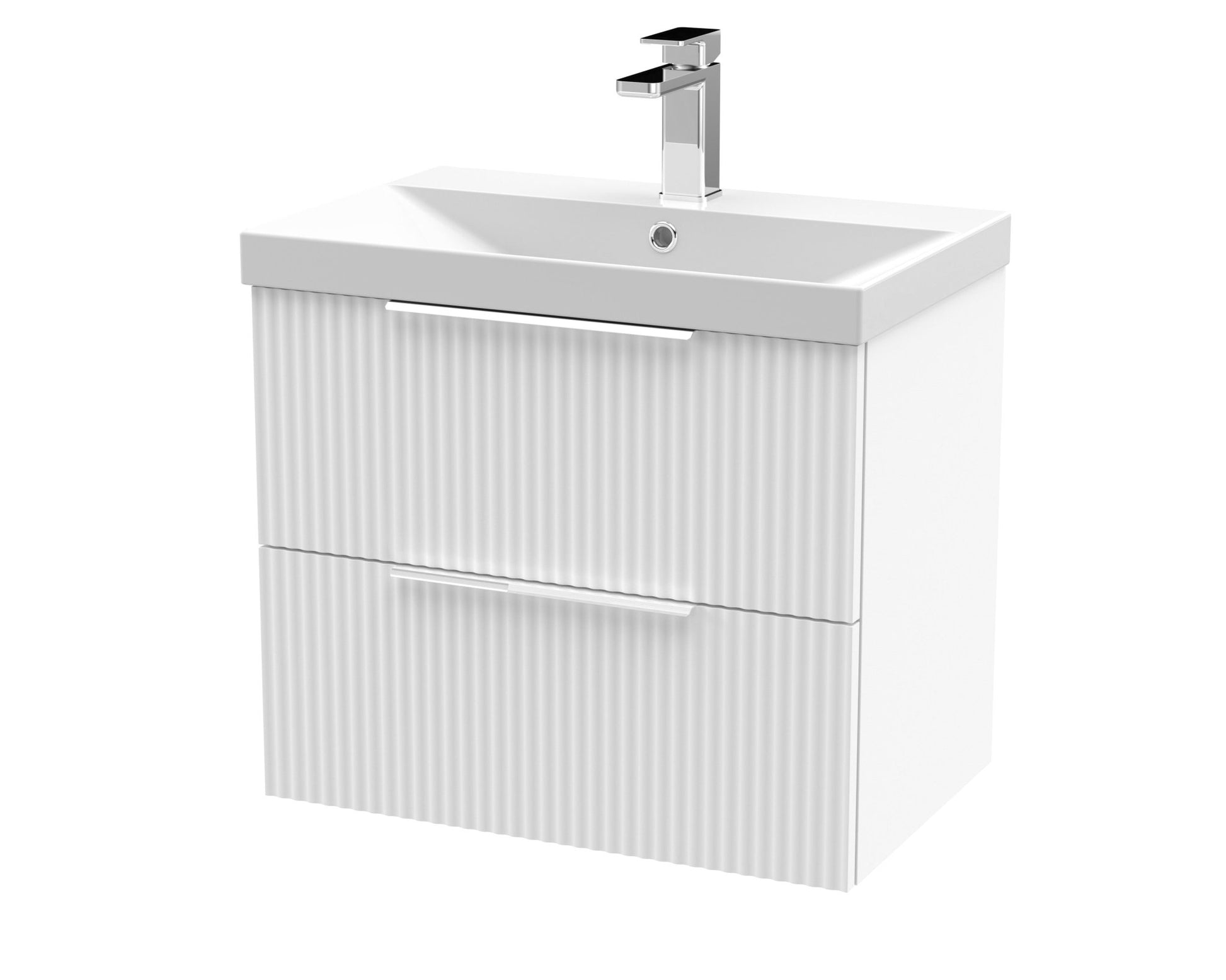 Hudson Reed Fluted 600mm Wall Hung 2 Drawer Vanity & Basin 3 Contemp Satin White MFC Painted Gloss 550x610x395mm - JJ Building Materials