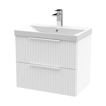 Hudson Reed Fluted 600mm Wall Hung 2 Drawer Vanity & Basin 3 Contemp Satin White MFC Painted Gloss 550x610x395mm - JJ Building Materials
