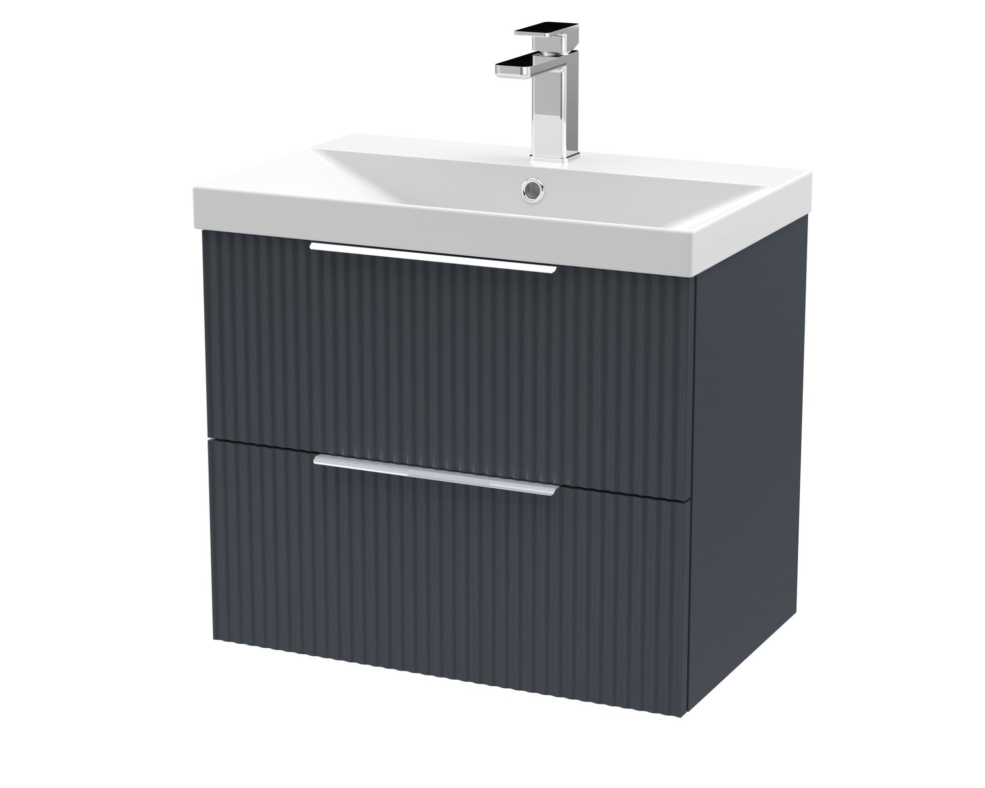 Hudson Reed Fluted 600mm Wall Hung 2 Drawer Vanity & Basin 3 Contemp Soft Black MFC Painted Gloss 550x610x395mm - JJ Building Materials