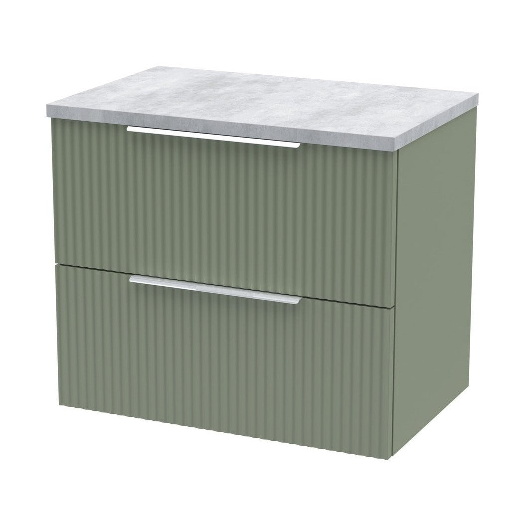 Hudson Reed Fluted 600mm Wall Hung 2 Drawer Vanity & Laminate Top Contemp Satin Green MFC Painted Gloss 522x605x390mm - DFF893LBG - JJ Building Materials