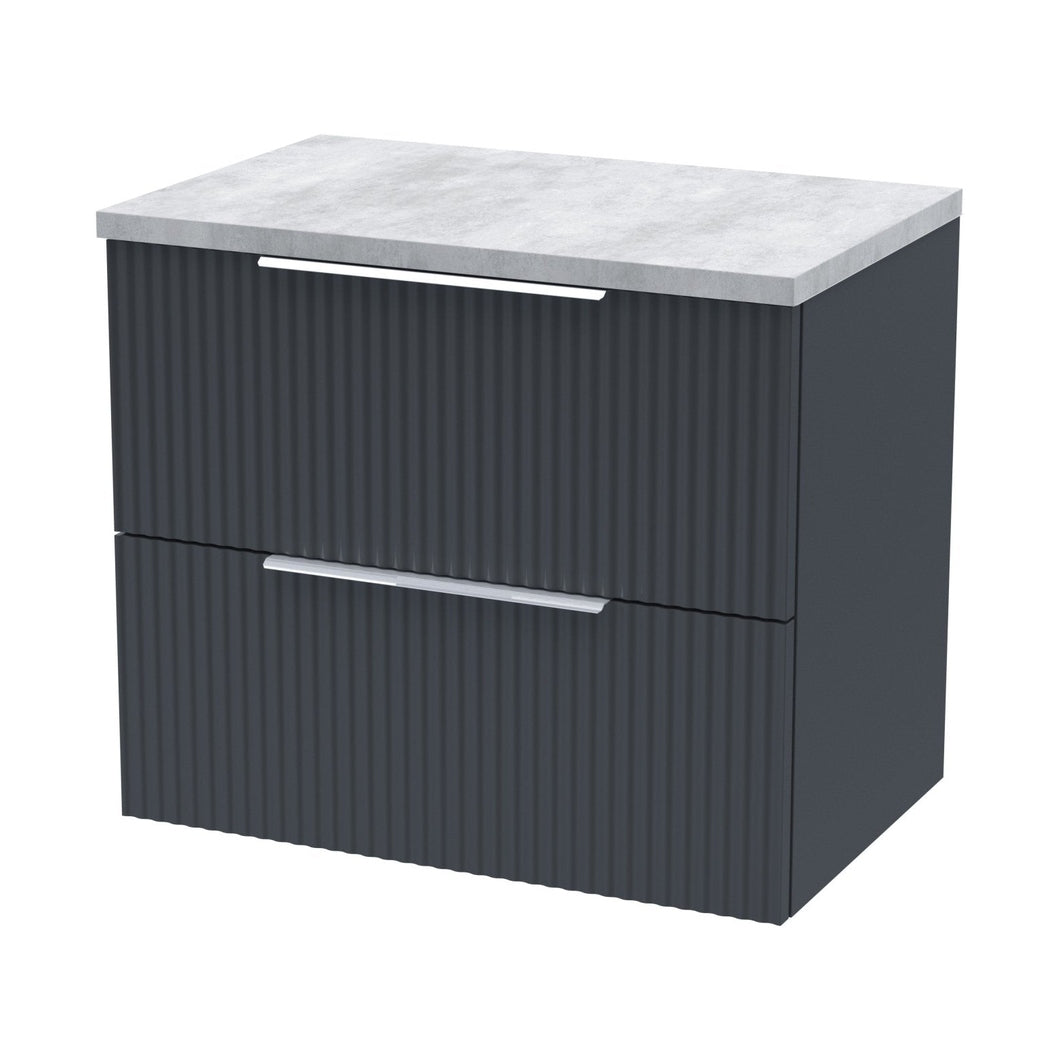 Hudson Reed Fluted 600mm Wall Hung 2 Drawer Vanity & Laminate Top Contemp Soft Black MFC Painted Gloss 522x605x390mm - DFF1493LBG - JJ Building Materials