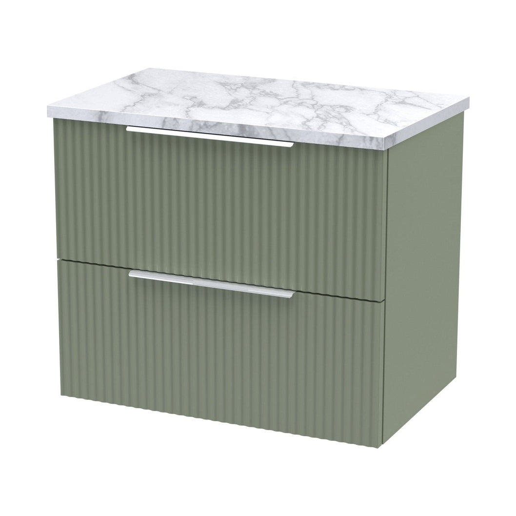 Hudson Reed Fluted 600mm Wall Hung 2-drawer Vanity & Laminate Worktop Contemp Satin Green MFC Painted Gloss 522x605x390mm - JJ Building Materials