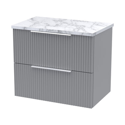 Hudson Reed Fluted 600mm Wall Hung 2-drawer Vanity & Laminate Worktop Contemp Satin Grey MFC Painted Gloss 522x605x390mm - JJ Building Materials
