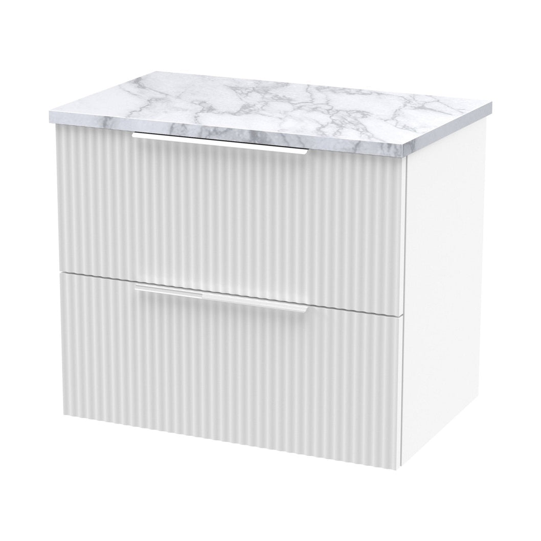 Hudson Reed Fluted 600mm Wall Hung 2-drawer Vanity & Laminate Worktop Contemp Satin White MFC Painted Gloss 522x605x390mm - JJ Building Materials
