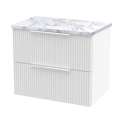 Hudson Reed Fluted 600mm Wall Hung 2-drawer Vanity & Laminate Worktop Contemp Satin White MFC Painted Gloss 522x605x390mm - JJ Building Materials