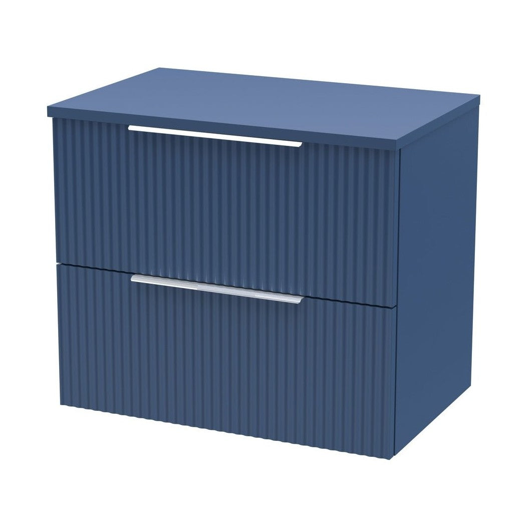 Hudson Reed Fluted 600mm Wall Hung 2 Drawer Vanity & Worktop Contemp Satin Blue MFC Painted Gloss 518x605x390mm - JJ Building Materials
