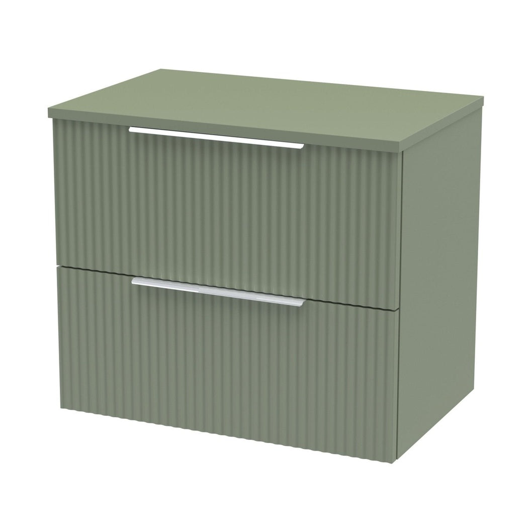 Hudson Reed Fluted 600mm Wall Hung 2 Drawer Vanity & Worktop Contemp Satin Green MFC Painted Gloss 518x605x390mm - JJ Building Materials