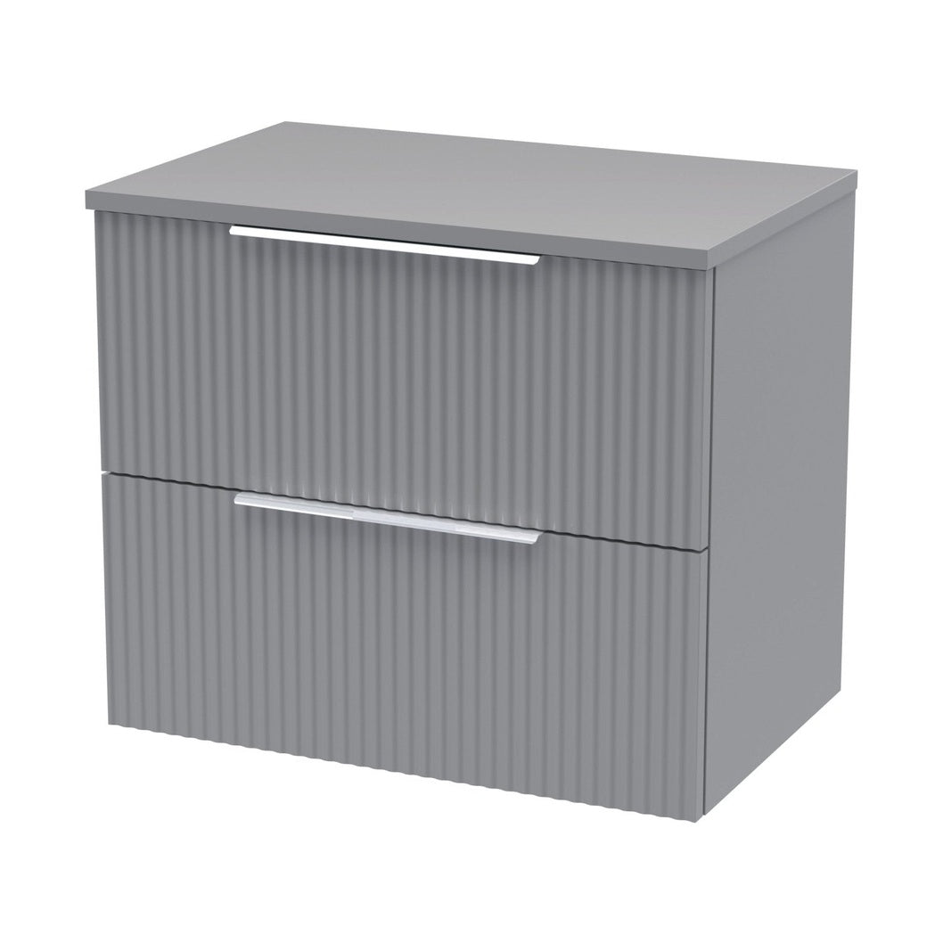 Hudson Reed Fluted 600mm Wall Hung 2 Drawer Vanity & Worktop Contemp Satin Grey MFC Painted Gloss 518x605x390mm - JJ Building Materials