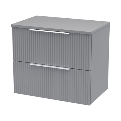 Hudson Reed Fluted 600mm Wall Hung 2 Drawer Vanity & Worktop Contemp Satin Grey MFC Painted Gloss 518x605x390mm - JJ Building Materials