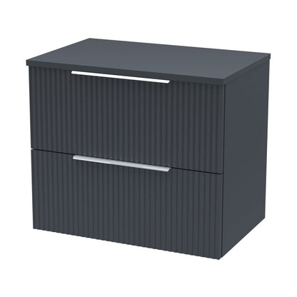 Hudson Reed Fluted 600mm Wall Hung 2 Drawer Vanity & Worktop Contemp Soft Black MFC Painted Gloss 518x605x390mm - JJ Building Materials