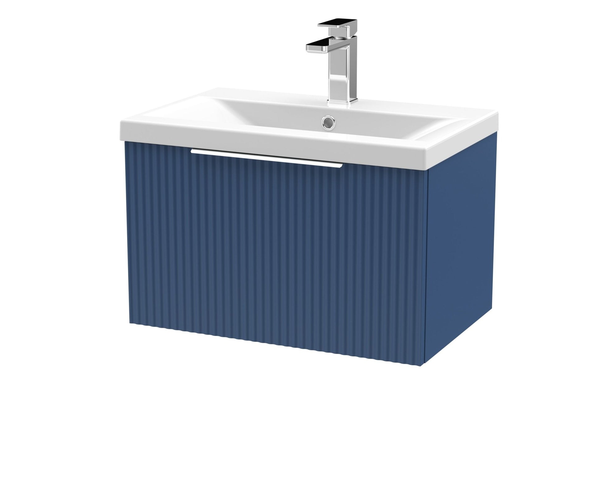 Hudson Reed Fluted 600mm Wall Hung Single Drawer Vanity & Basin 1 Contemp Satin Blue MFC Painted Gloss 399x610x390mm - JJ Building Materials