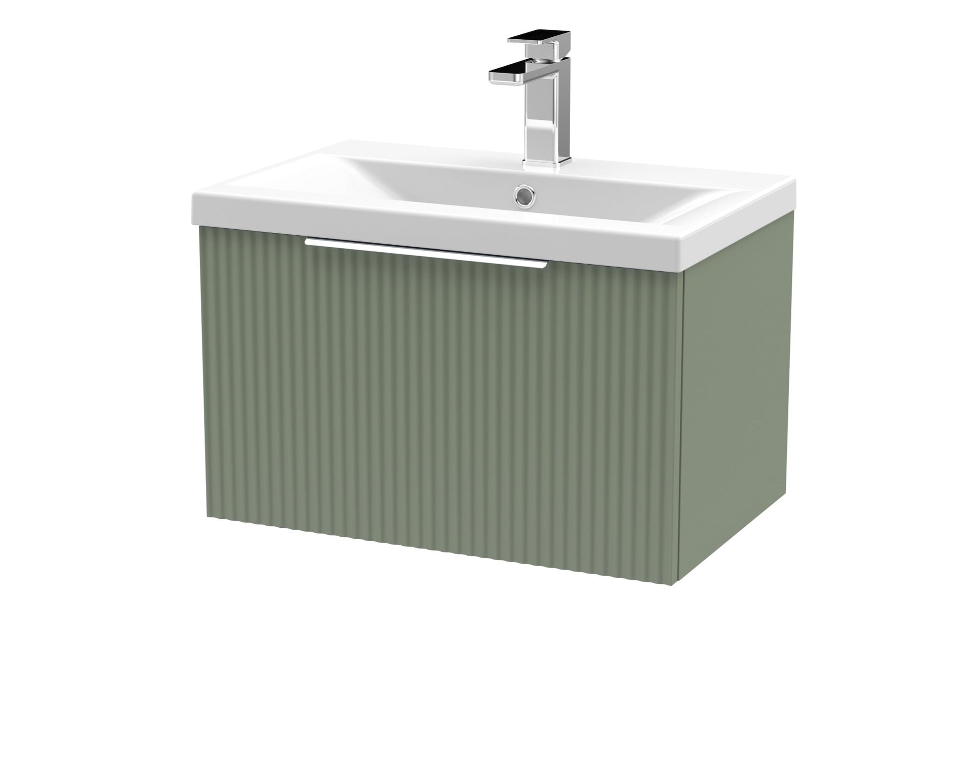 Hudson Reed Fluted 600mm Wall Hung Single Drawer Vanity & Basin 1 Contemp Satin Green MFC Painted Gloss 399x610x390mm - JJ Building Materials