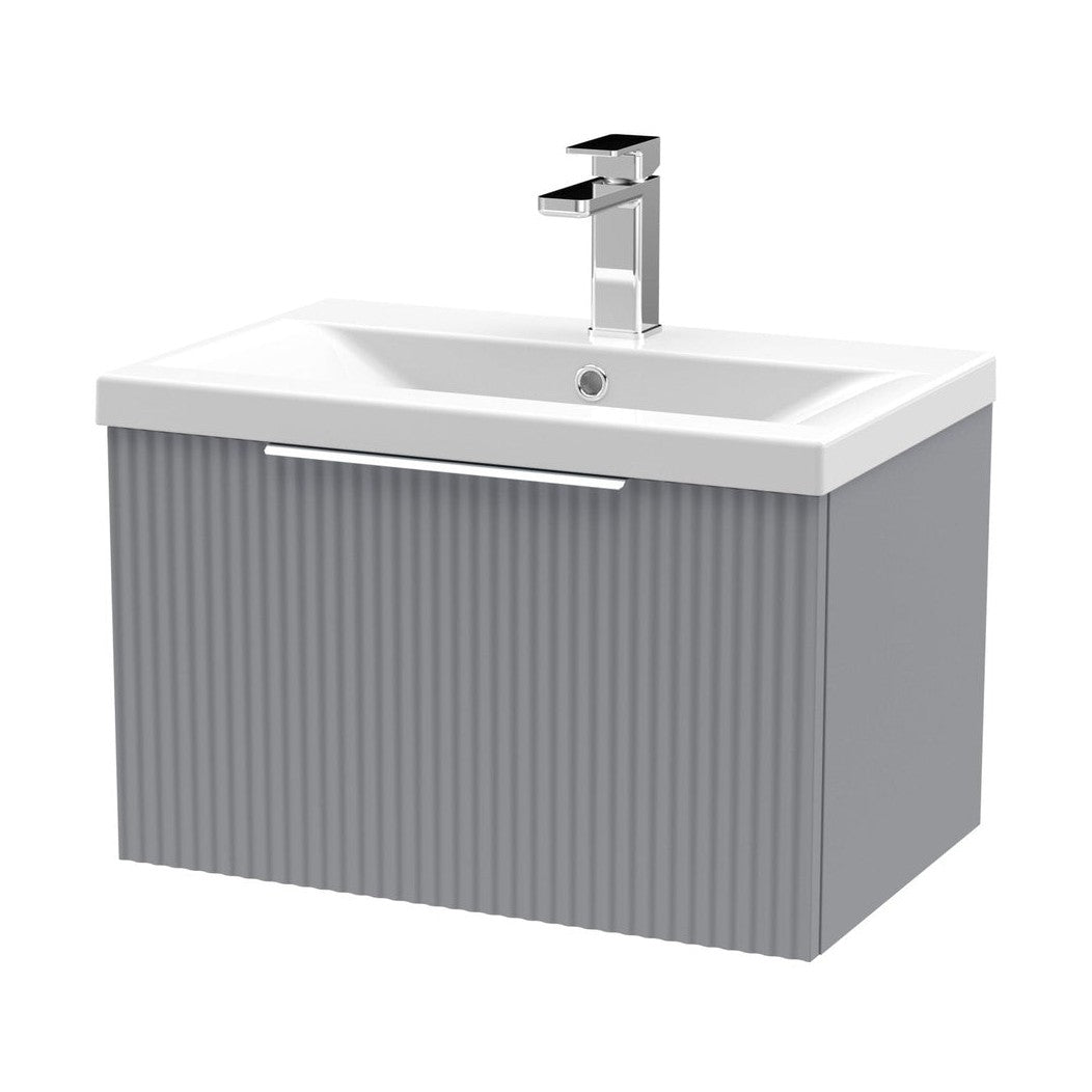Hudson Reed Fluted 600mm Wall Hung Single Drawer Vanity & Basin 1 Contemp Satin Grey MFC Painted Gloss 399x610x390mm - JJ Building Materials
