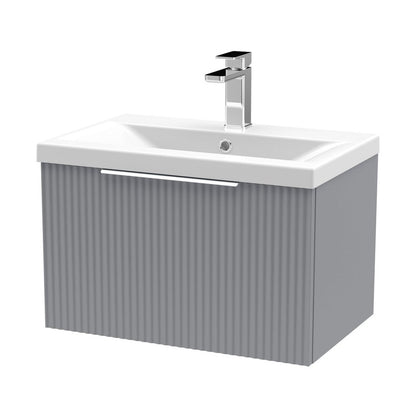 Hudson Reed Fluted 600mm Wall Hung Single Drawer Vanity & Basin 1 Contemp Satin Grey MFC Painted Gloss 399x610x390mm - JJ Building Materials
