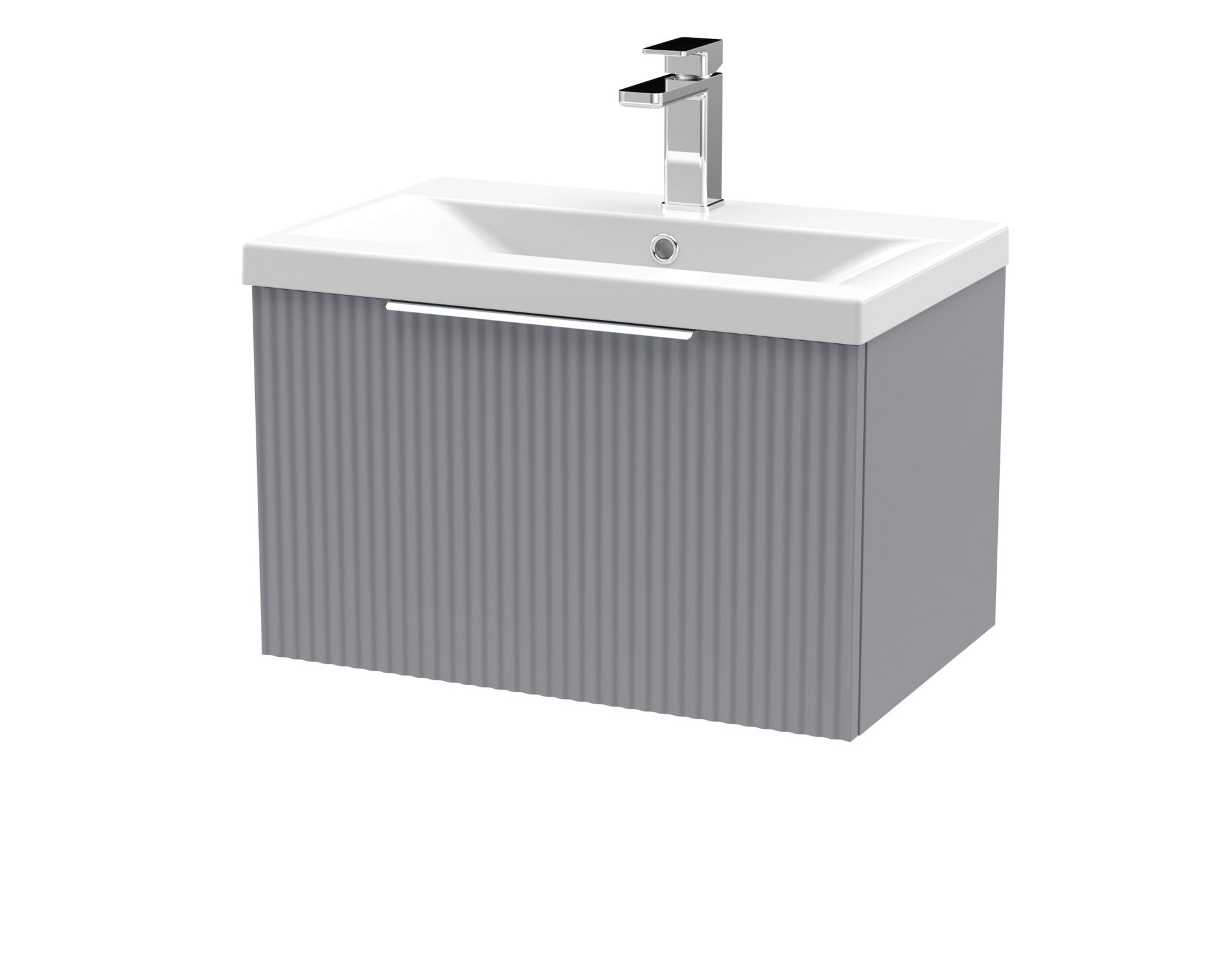 Hudson Reed Fluted 600mm Wall Hung Single Drawer Vanity & Basin 1 Contemp Satin Grey MFC Painted Gloss 399x610x390mm - JJ Building Materials