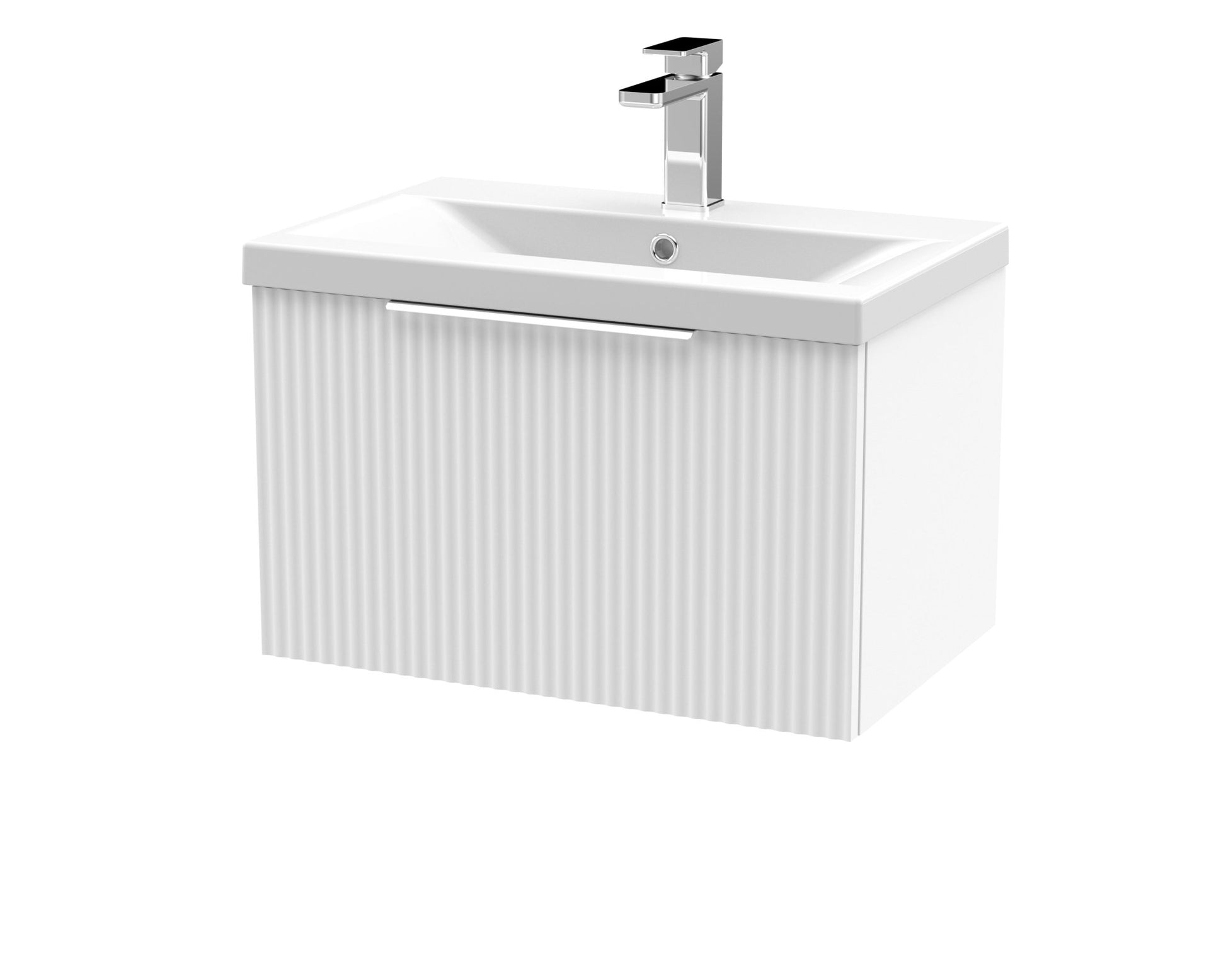 Hudson Reed Fluted 600mm Wall Hung Single Drawer Vanity & Basin 1 Contemp Satin White MFC Painted Gloss 399x610x390mm - JJ Building Materials
