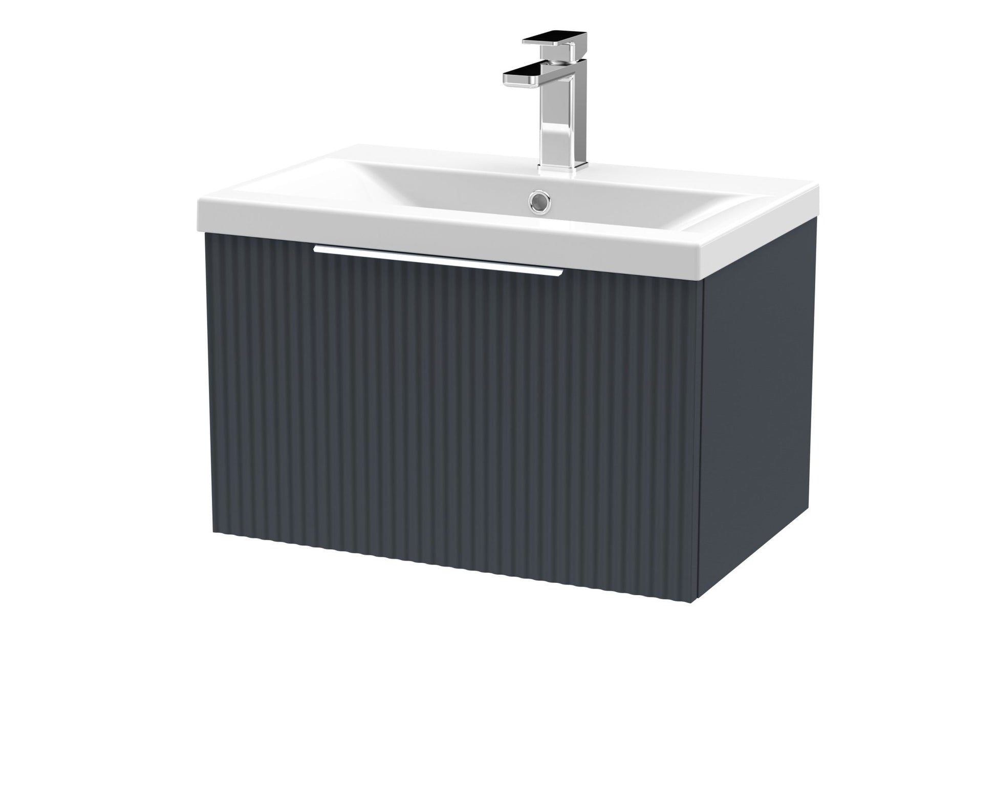 Hudson Reed Fluted 600mm Wall Hung Single Drawer Vanity & Basin 1 Contemp Soft Black MFC Painted Gloss 399x610x390mm - JJ Building Materials