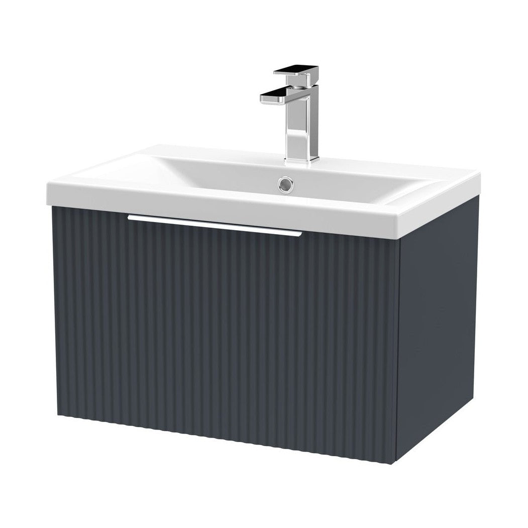Hudson Reed Fluted 600mm Wall Hung Single Drawer Vanity & Basin 1 Contemp Soft Black MFC Painted Gloss 399x610x390mm - JJ Building Materials