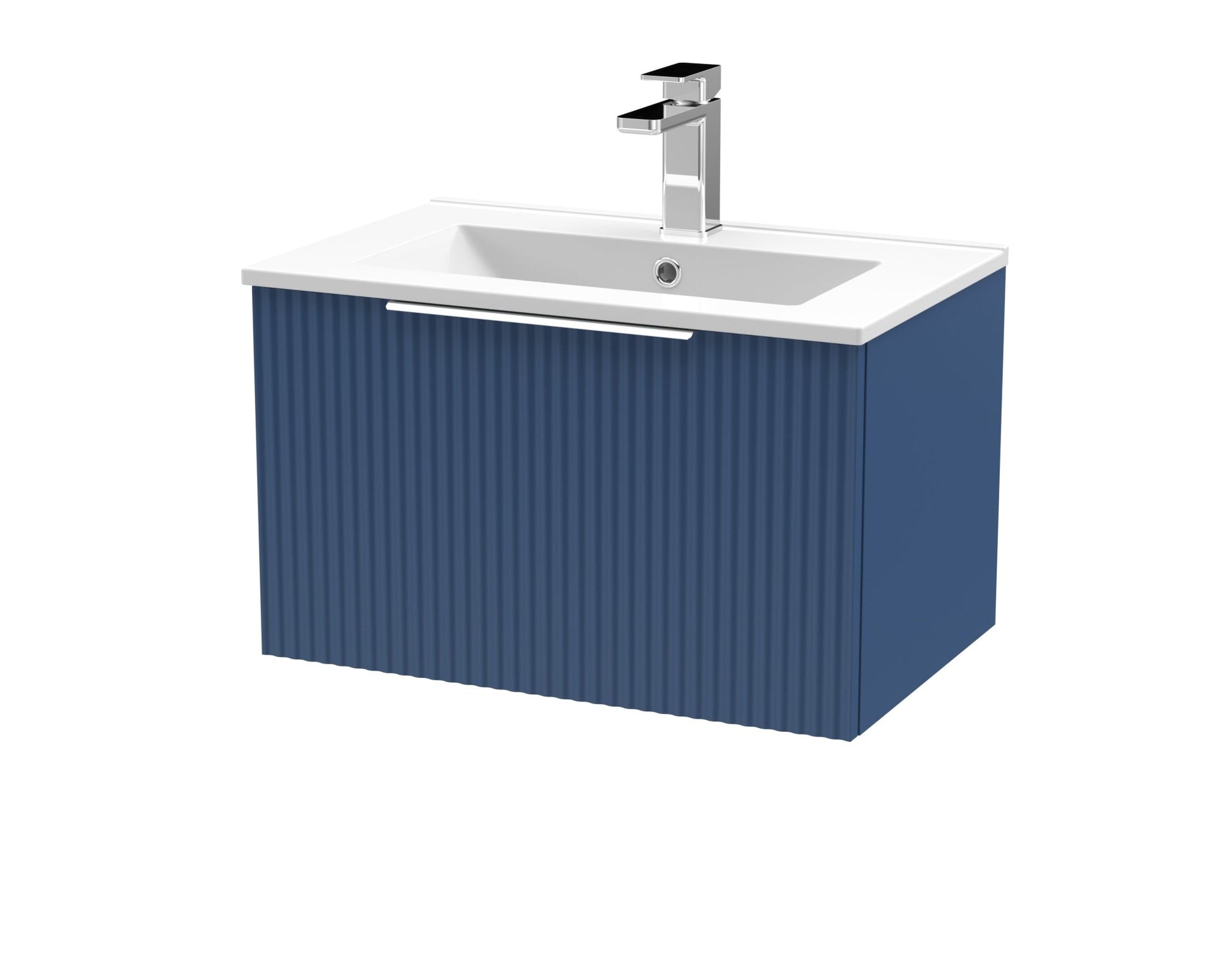 Hudson Reed Fluted 600mm Wall Hung Single Drawer Vanity & Basin 2 Contemp Satin Blue MFC Painted Gloss 377x600x390mm - JJ Building Materials