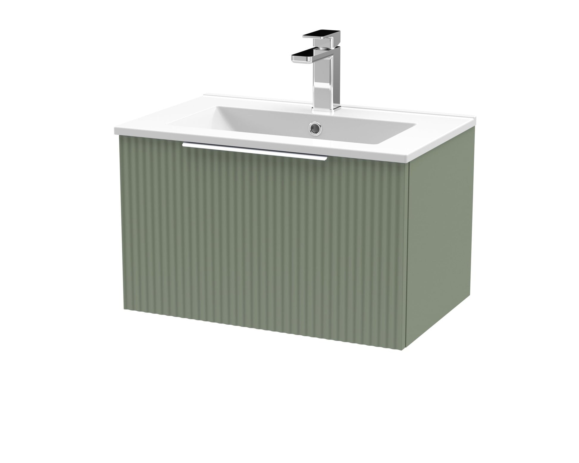 Hudson Reed Fluted 600mm Wall Hung Single Drawer Vanity & Basin 2 Contemp Satin Green MFC Painted Gloss 377x600x390mm - JJ Building Materials