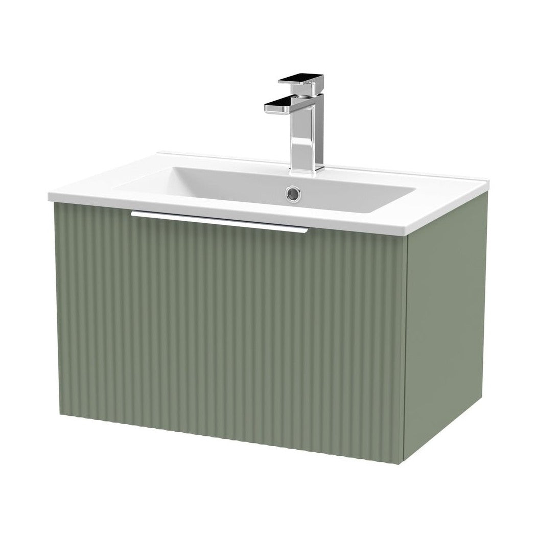 Hudson Reed Fluted 600mm Wall Hung Single Drawer Vanity & Basin 2 Contemp Satin Green MFC Painted Gloss 377x600x390mm - JJ Building Materials