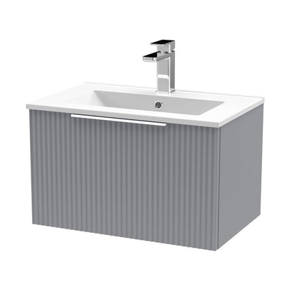 Hudson Reed Fluted 600mm Wall Hung Single Drawer Vanity & Basin 2 Contemp Satin Grey MFC Painted Gloss 377x600x390mm - JJ Building Materials
