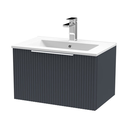Hudson Reed Fluted 600mm Wall Hung Single Drawer Vanity & Basin 2 Contemp Soft Black MFC Painted Gloss 377x600x390mm - JJ Building Materials