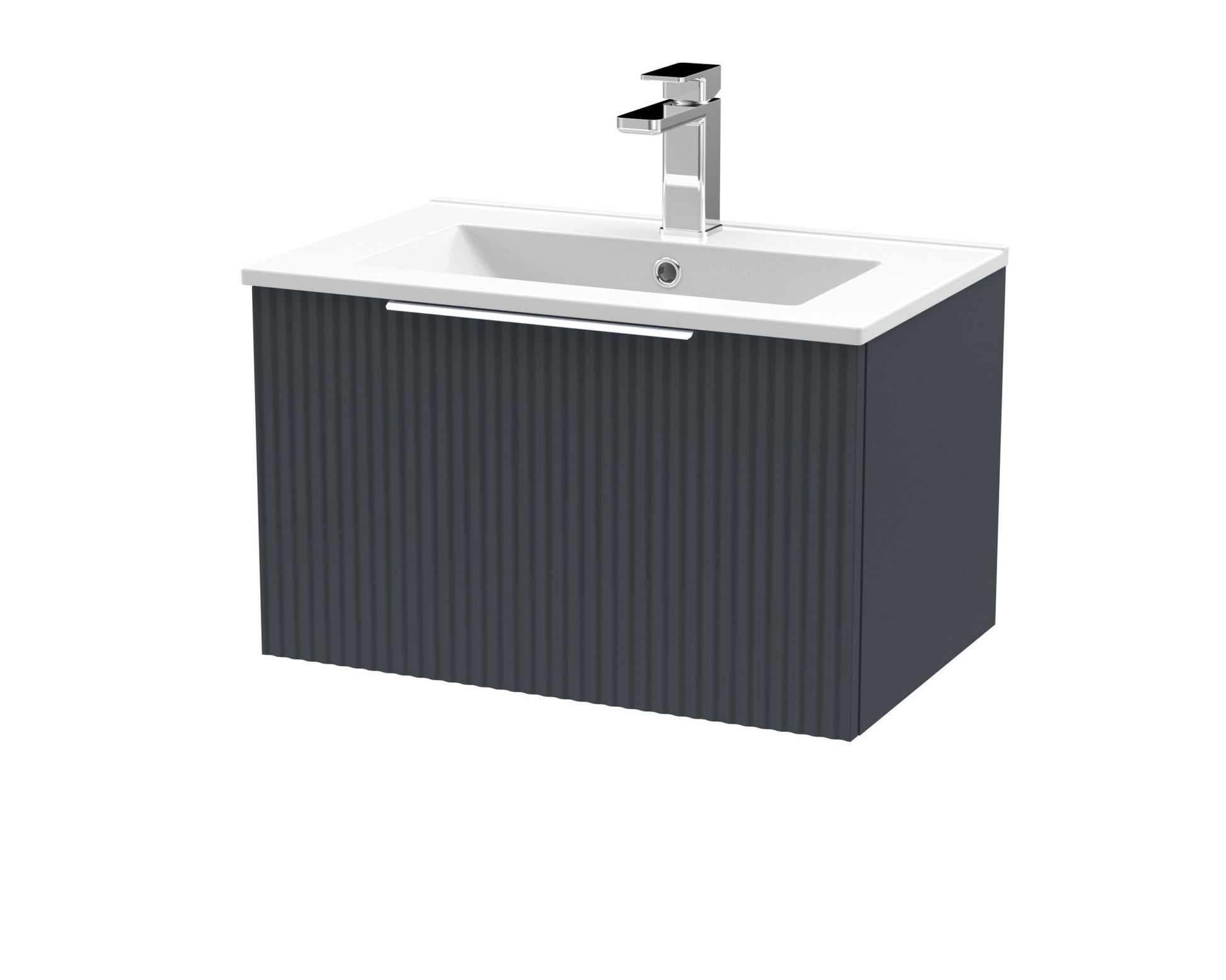 Hudson Reed Fluted 600mm Wall Hung Single Drawer Vanity & Basin 2 Contemp Soft Black MFC Painted Gloss 377x600x390mm - JJ Building Materials
