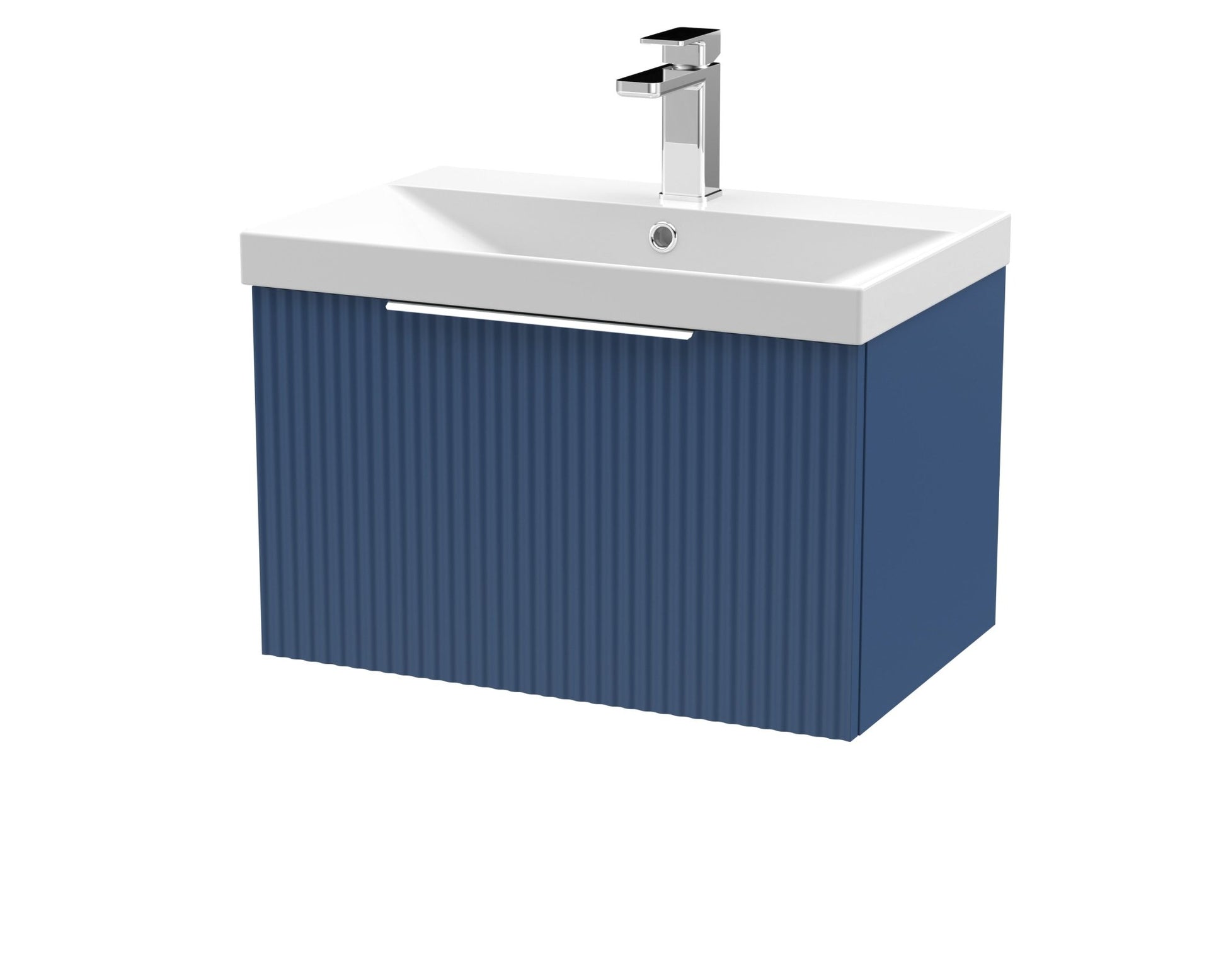 Hudson Reed Fluted 600mm Wall Hung Single Drawer Vanity & Basin 3 Contemp Satin Blue MFC Painted Gloss 409x610x395mm - JJ Building Materials