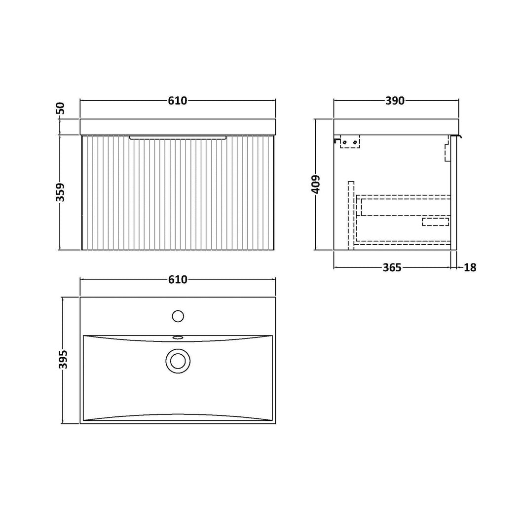 Hudson Reed Fluted 600mm Wall Hung Single Drawer Vanity & Basin 3 Contemp Satin Blue MFC Painted Gloss 409x610x395mm - JJ Building Materials