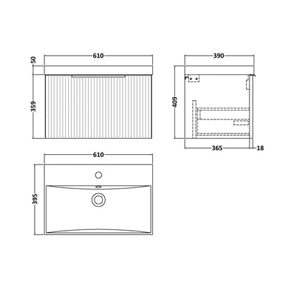 Hudson Reed Fluted 600mm Wall Hung Single Drawer Vanity & Basin 3 Contemp Satin Blue MFC Painted Gloss 409x610x395mm - JJ Building Materials