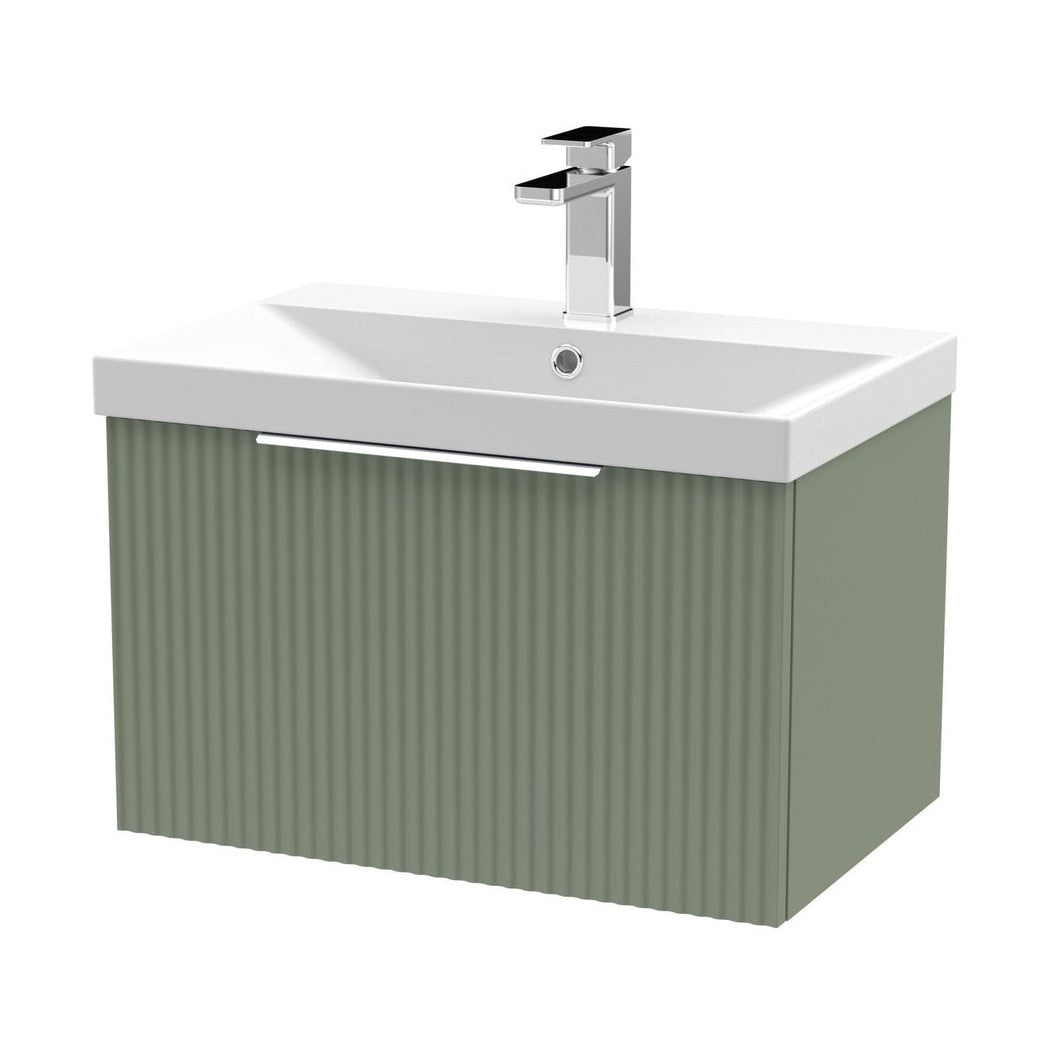 Hudson Reed Fluted 600mm Wall Hung Single Drawer Vanity & Basin 3 Contemp Satin Green MFC Painted Gloss 409x610x395mm - JJ Building Materials