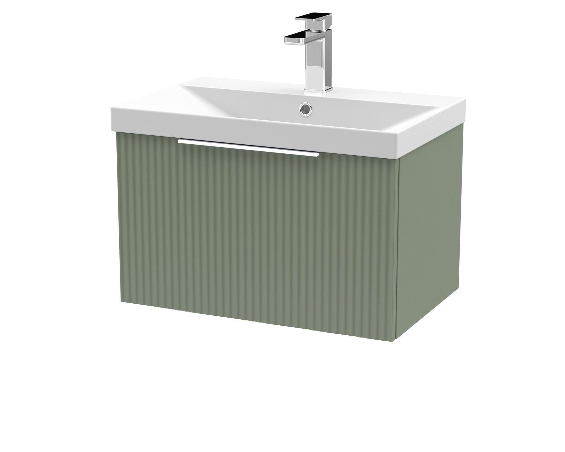 Hudson Reed Fluted 600mm Wall Hung Single Drawer Vanity & Basin 3 Contemp Satin Green MFC Painted Gloss 409x610x395mm - JJ Building Materials